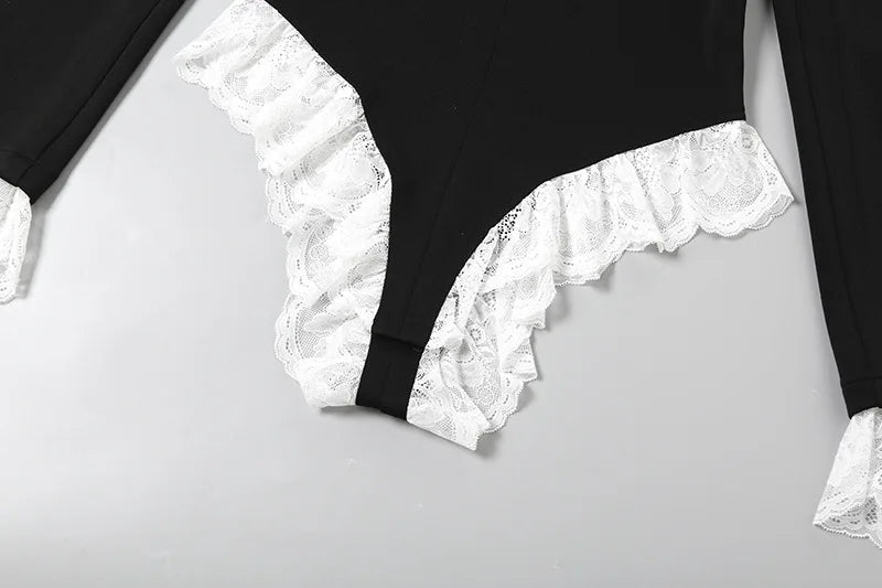 Deep V Neck Lace Bodysuits For Contrast Color Long Ruffled Sleeve Slim Fit Body Top Wear Hot