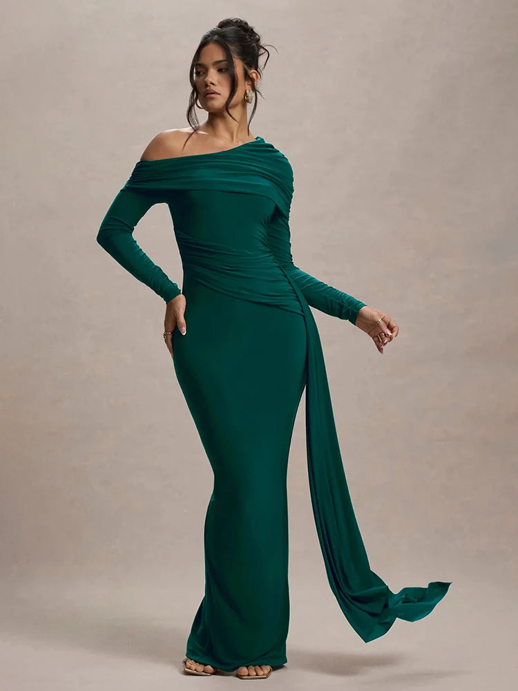 Skew Collar Long Sleeve Maxi Dress Gown Backless Draped Ruched Bodycon Long Dress