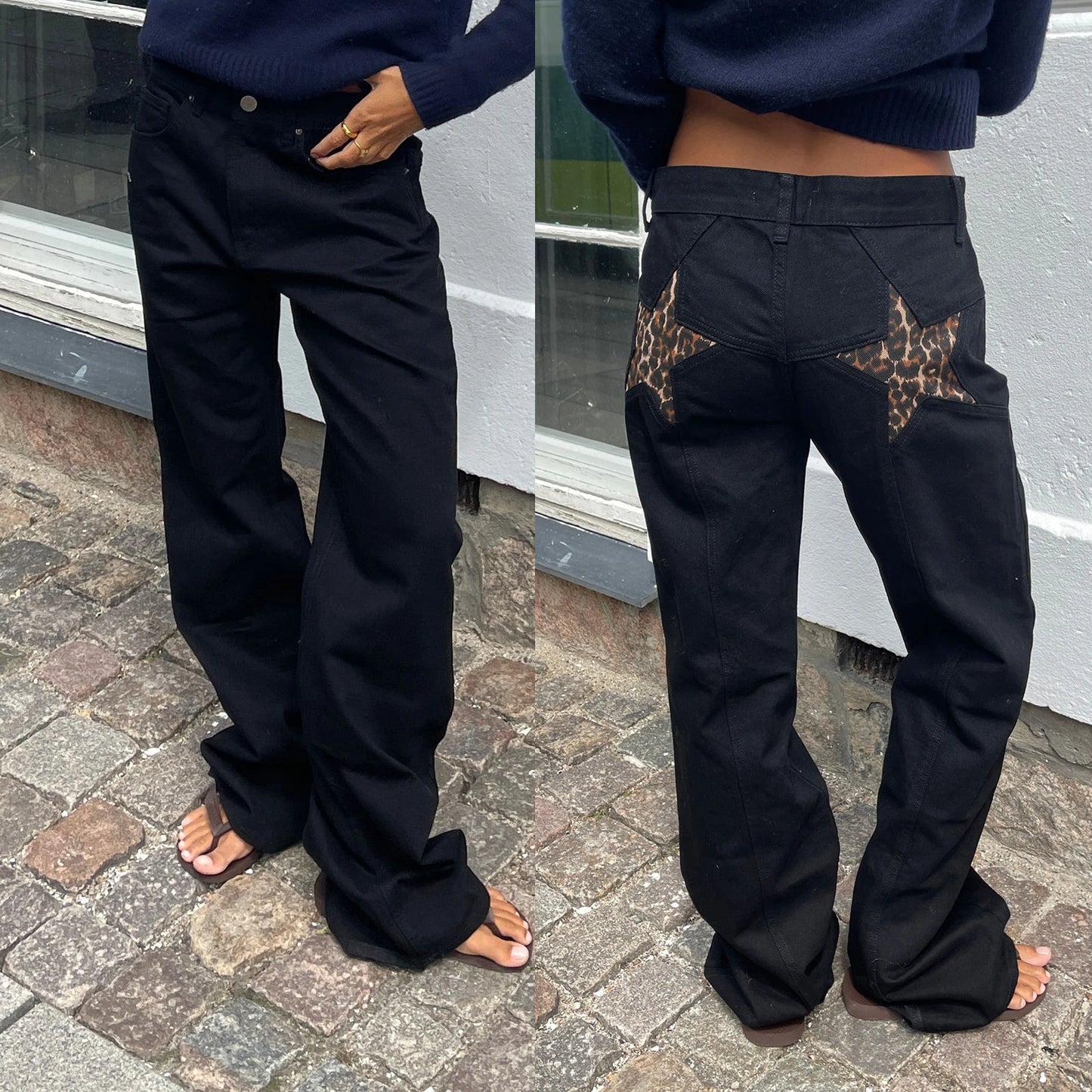 Star Pattern Loose Straight Leg Denim Low Waist Jeans