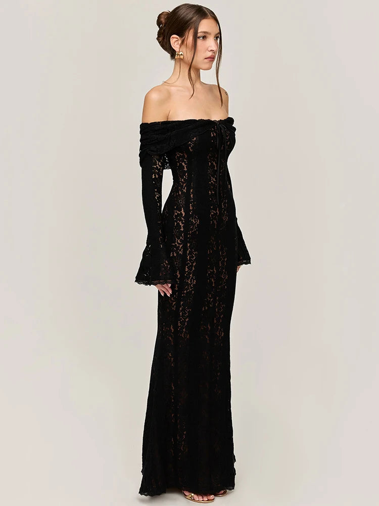 Lace Off-shoulder Maxi Dress Strapless Backless Long Sleeve Bodycon Evening Long Dress