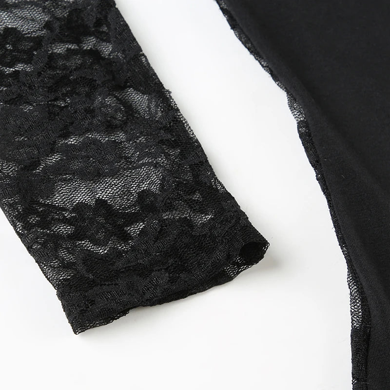Crewneck Tee Shirts Lace Patchwork Slim Black Top
