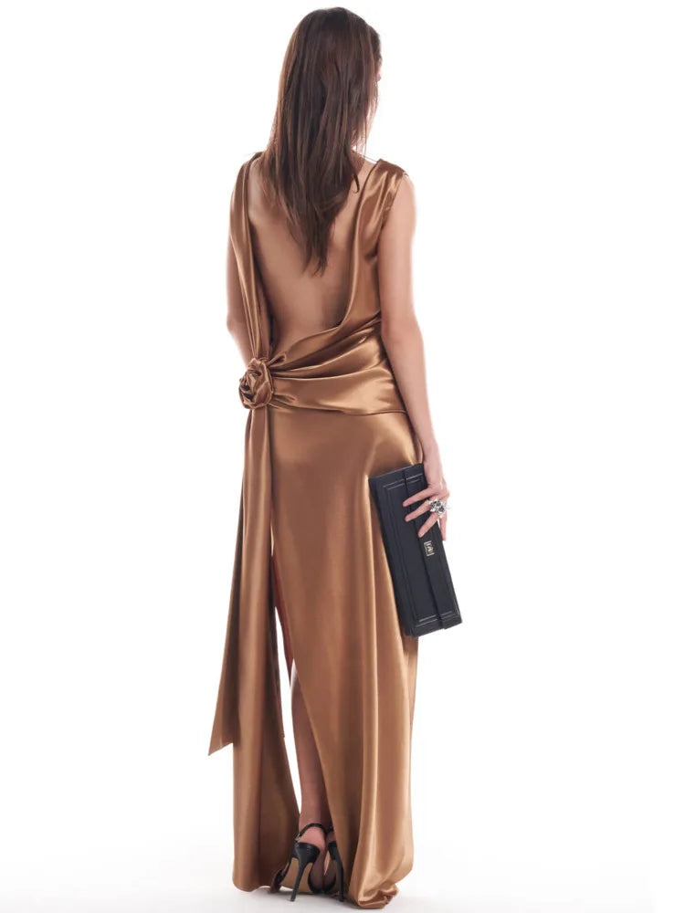 Satin Backless High Split Maxi Dress