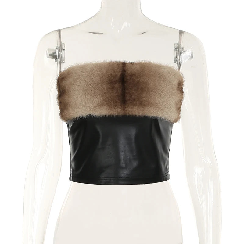 Furry Two Pieces of Sets Backless Strapless and Mini Skirts Slim PU Cloth