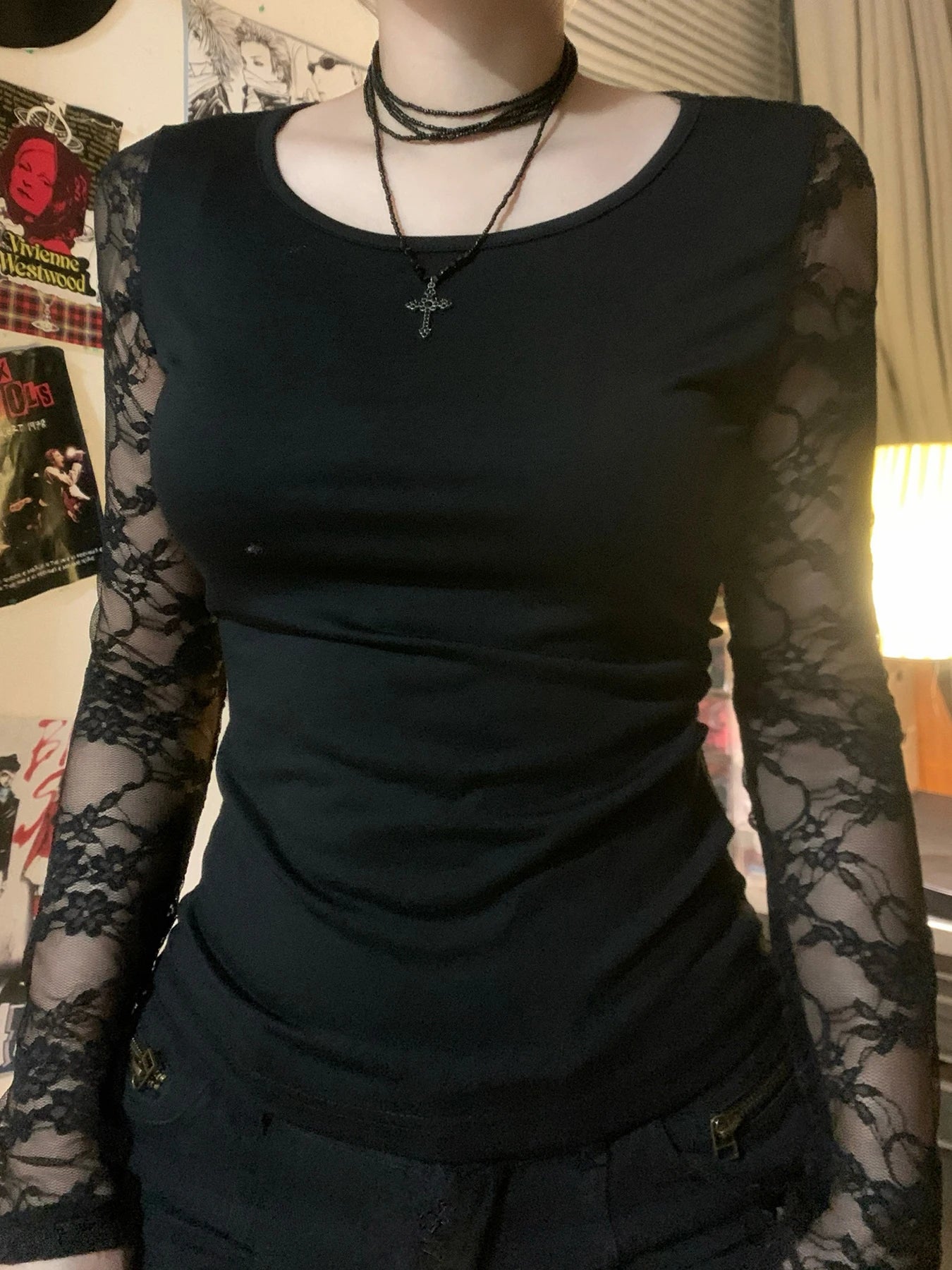 Crewneck Tee Shirts Lace Patchwork Slim Black Top