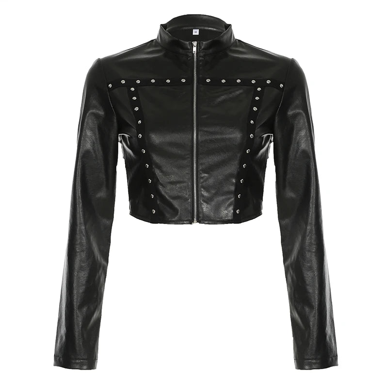 Moto Biker PU Jackets Zip Up Crop Top Black Leather Coats