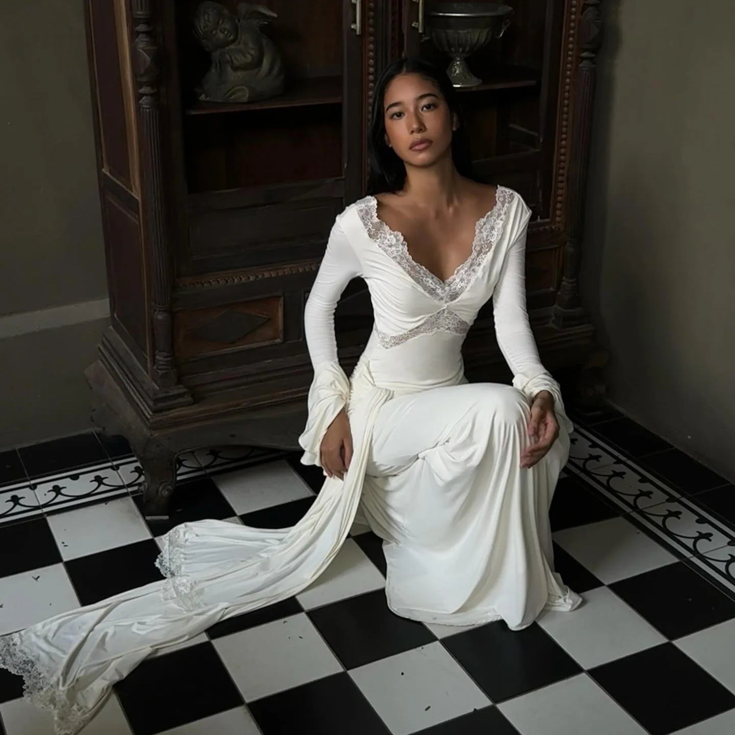 White V-Neck Lace Flare Sleeves Maxi Dress