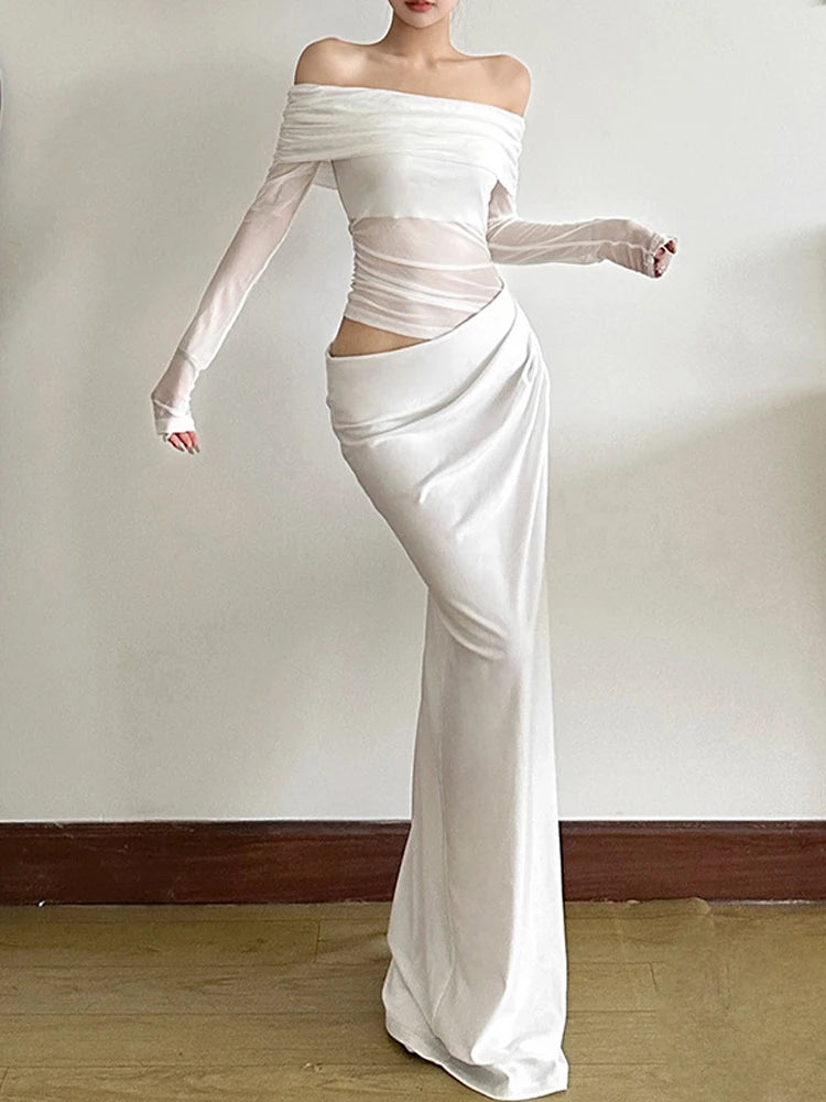 Patchwork Mesh Slash Neck Ruched Dress