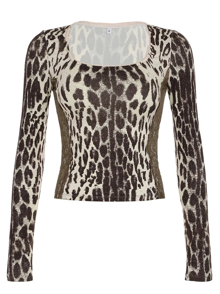 Leopard Print 's Top Tee Lace Patchwork Brown Slim Shirts Long Sleeves Crewneck