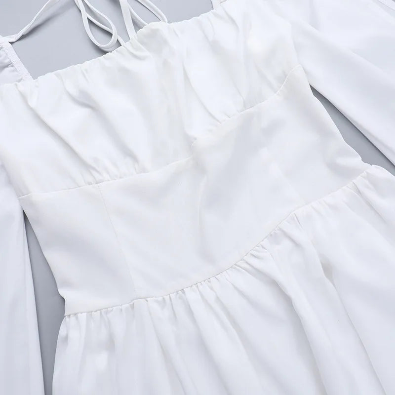 Square Collar Hollow Out Dress White Long Sleeve Mini Dress Slim Dress