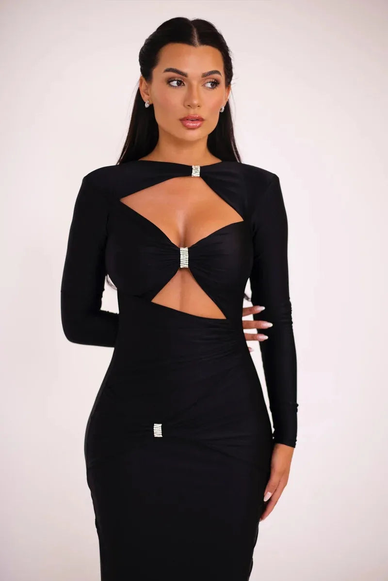 Hollow Out Long Sleeve Maxi Dress Solid Color Slim Fit Cut Out Long Dress