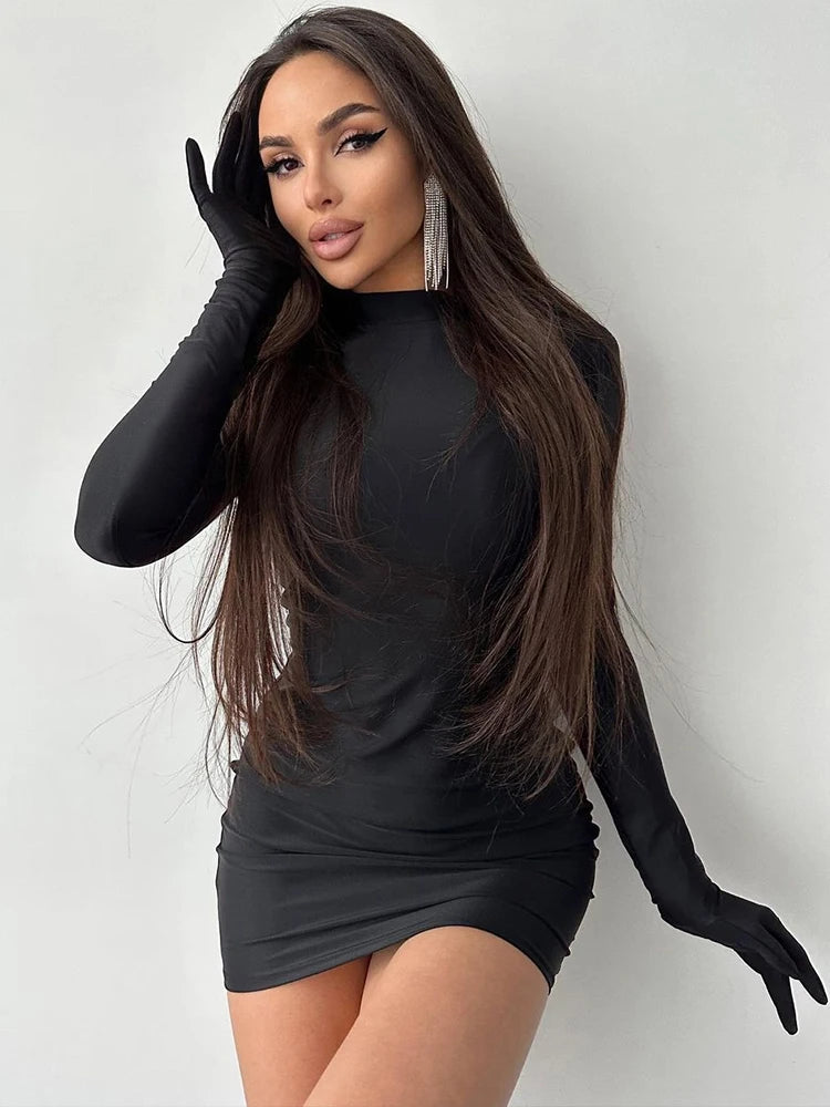 Long Sleeve With Gloves Mini Dress Bodycon Street Half Turtleneck