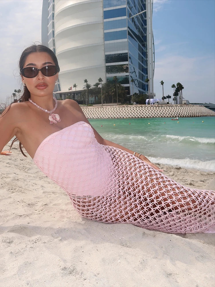 Unique Knitted Dress Cut Out Crochet Strapless Tassel Straight Maxi Bodycon Mujer Smock