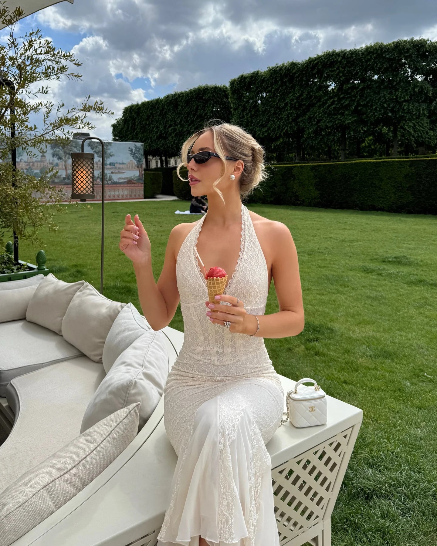 Apricot Lace V-Neck Backless Bodycon Maxi Dress