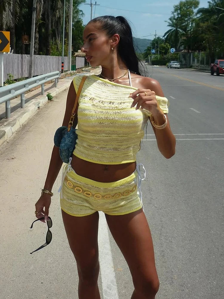 Crochet Two Piece Set Thin Hollow Tank Top Shorts Stretch Matching