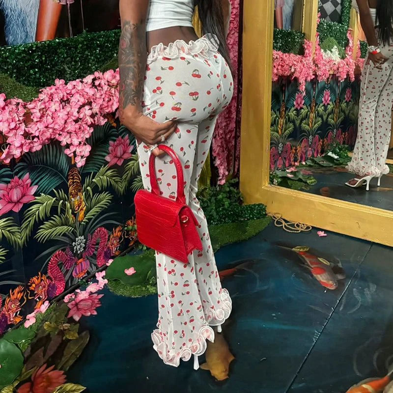 'S Spring/ Cherry Print Cake Edge See-Through Mesh Flare Pants tie Girls hearts