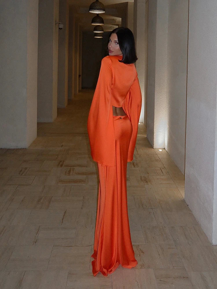 Sets Solid Flare Sleeve Deep V-Neck Tracksuits (Tops Long Skirts)Matching 2 Pieces