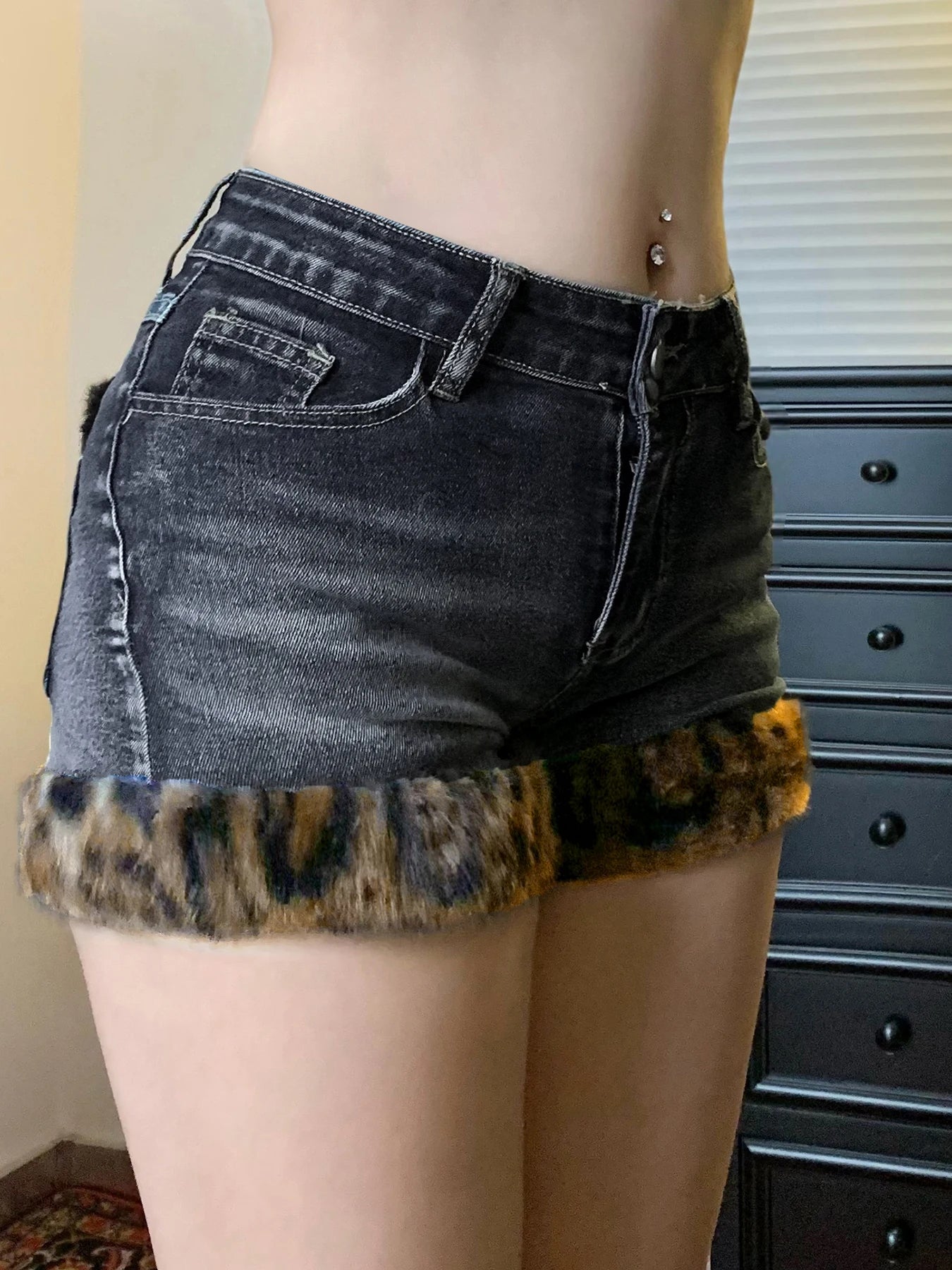 Low Waisted Button Up Mini Shorts Leopard Print Fur Patchwork Bottoms