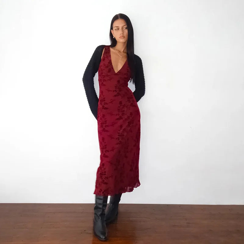 Printed Deep V Long Dress Floral Contrast Color Sleeveless Waist Slim Dress Long Dress