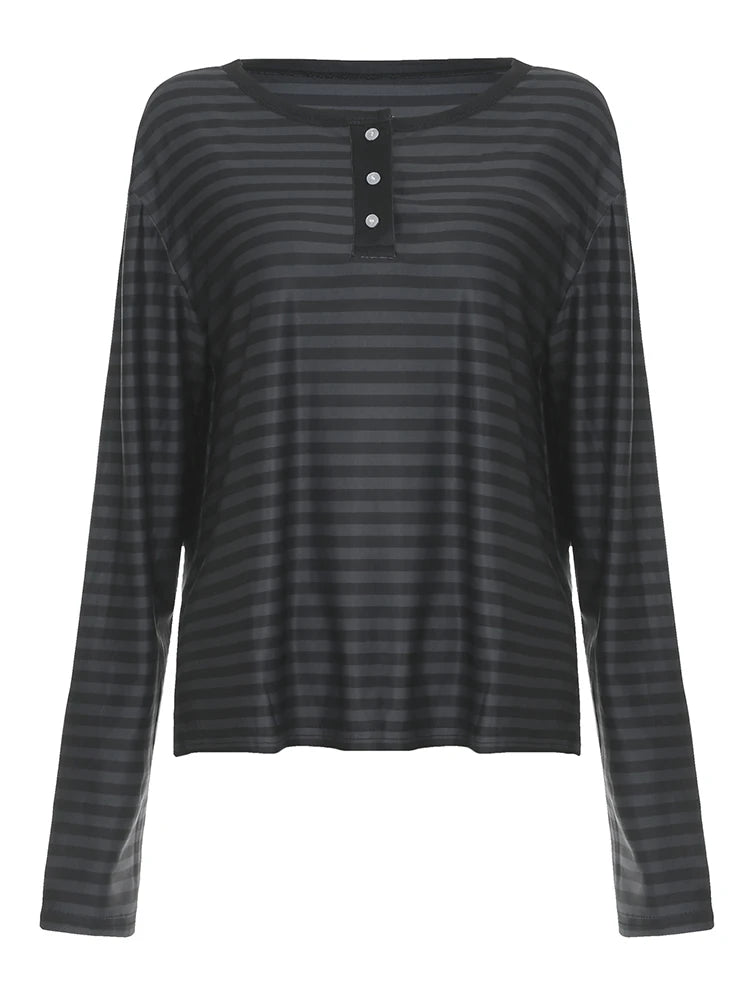 Striped Print Loose Tee Shirts Long Sleeves Botton Top