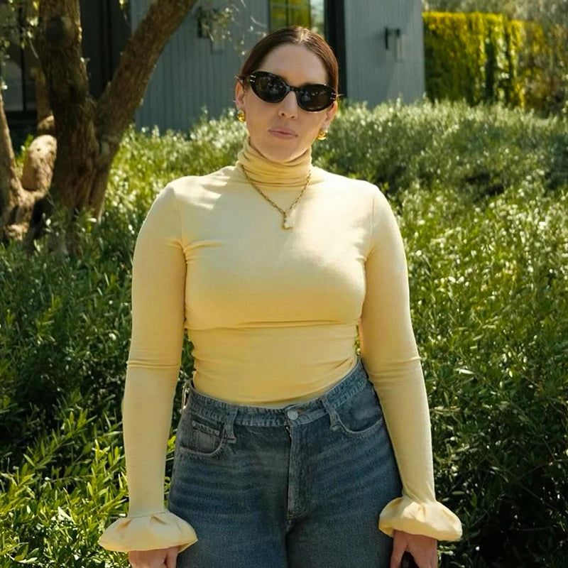 Slim Fit Half Turtleneck Crop Top Ruffl Long Sleeve T Shirt Top