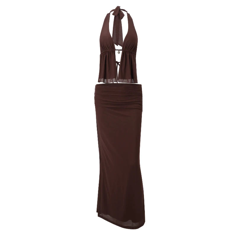 Two Pirce Sets Off Shoulder Backless Sleeveless Halter Top With Slim Long Skirt Suits