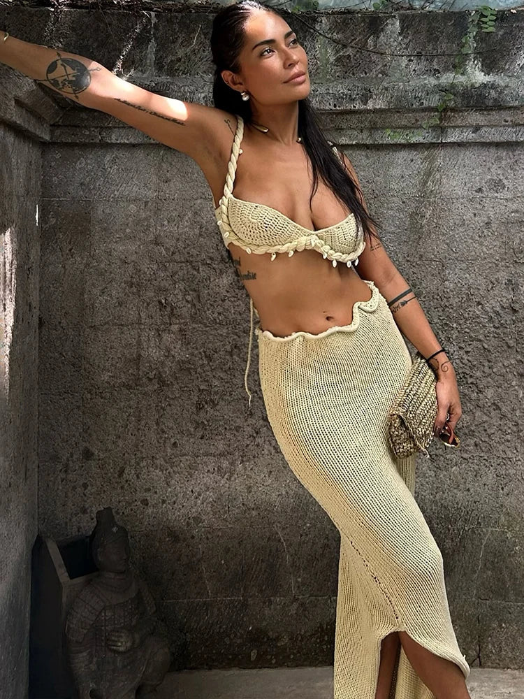 Knitt 2 Piece Unique Woven Strap Tael Cami Irregular Maxi Skirt Matching Set
