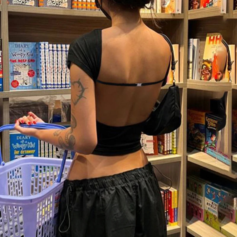 Backless Short Sleeves Crop Top Crewneck Black Slim Slim 's