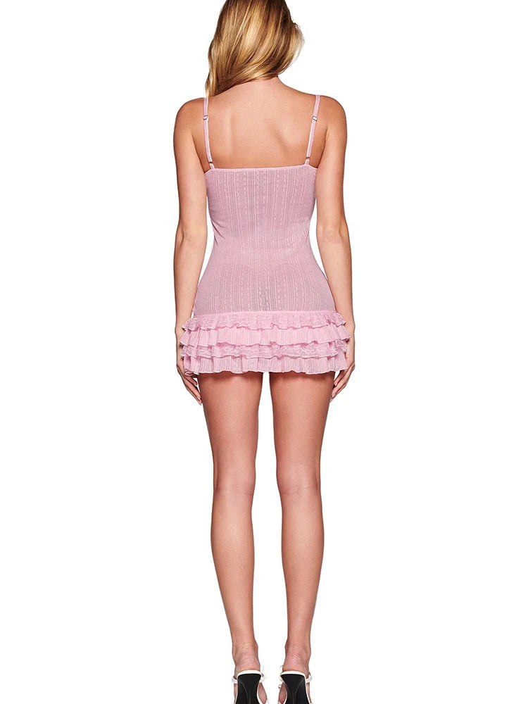 Pink Knitted Hollow Out Ruffles Mini Dress