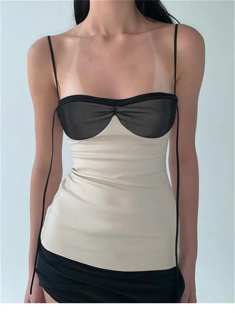 Patchwork Panelled Mini Dress Concise Tassel Wrapped Chest Irregular Backless Super-Short