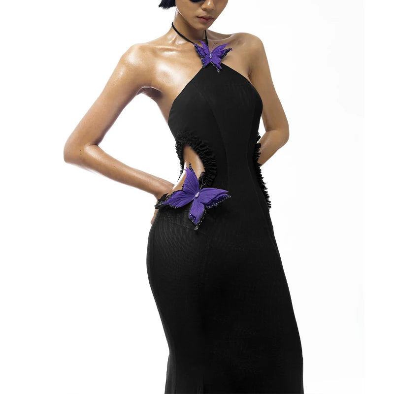 Butterfly Halter See Through Hollow Out Maxi Dress