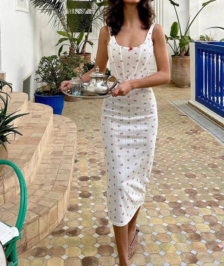 Sweet Floral print Two Piece Set Unique Shape Spaghetti Strap Top High Waist Hip Skirt suit
