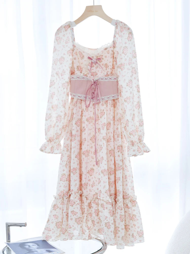 Spring Pink Floral Dress Bandage Lace Print Dress Puff Sleeve Kawaii Dress Princess Fairy