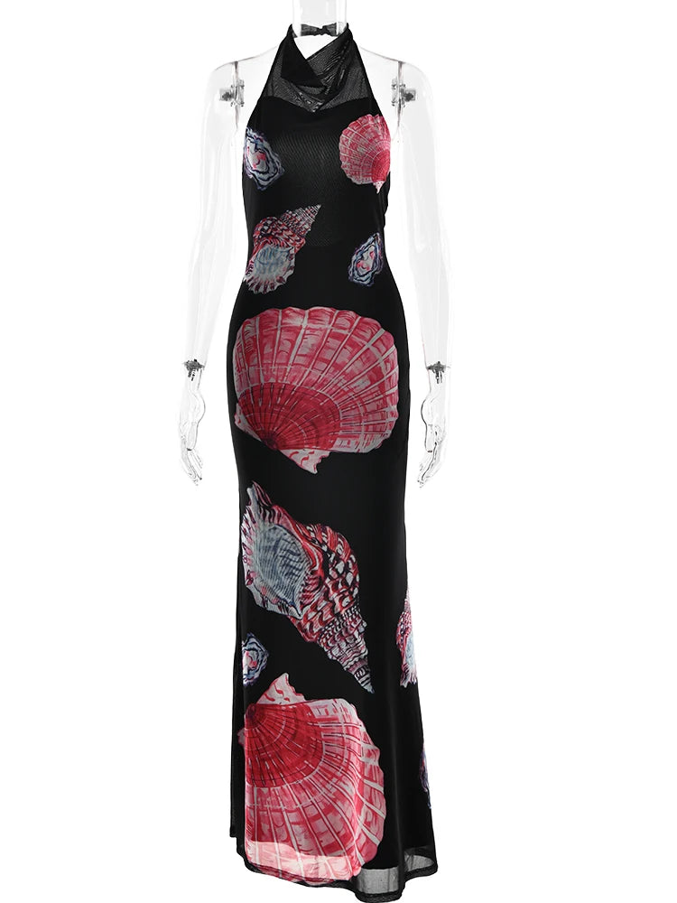 Shell Backless Halter Maxi Dress Sleeveless High Waist Dress