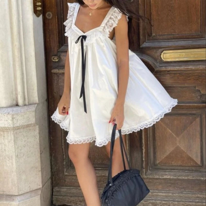 Lace Babydoll Mini Dress with Ribbon Bow