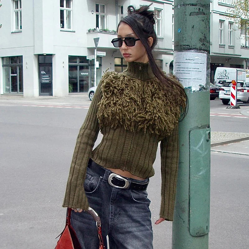 Knitt Zipper Cardigan Sweater Turtlenck Tael Slim Jumper Knit Top Slim Warm Outer
