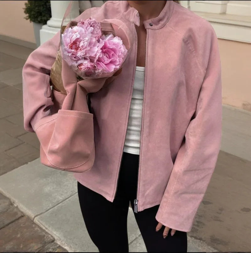 Pink Zip Up Suede Jacket