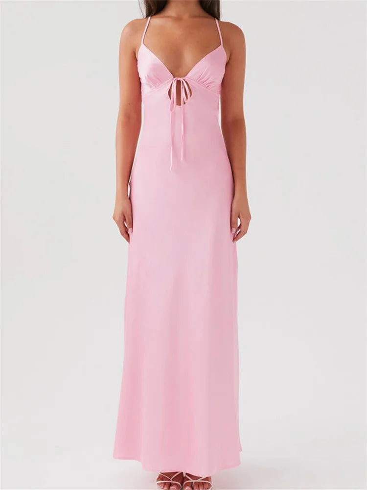Dress Color Sleeveless Strap V-neck Front Tie-Up Backless Long Dress Slim