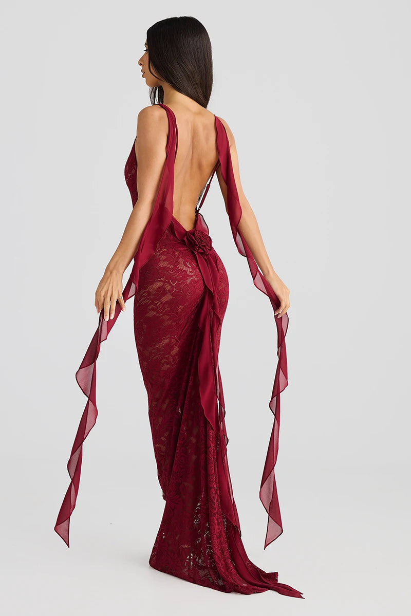 Lace See Through Camisole Maxi Dress For Ribbons Sleeveless Backless Slim Bodycon Long Dress Ladies Robes