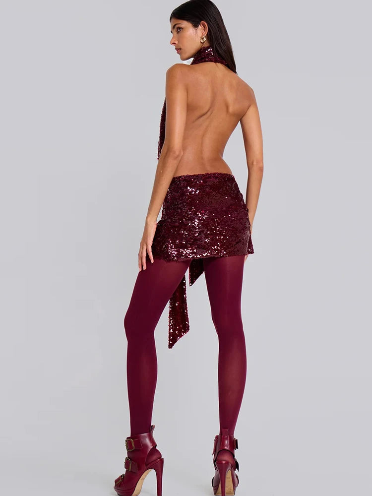 Sequins Deep V Neck Backless Mini Dress