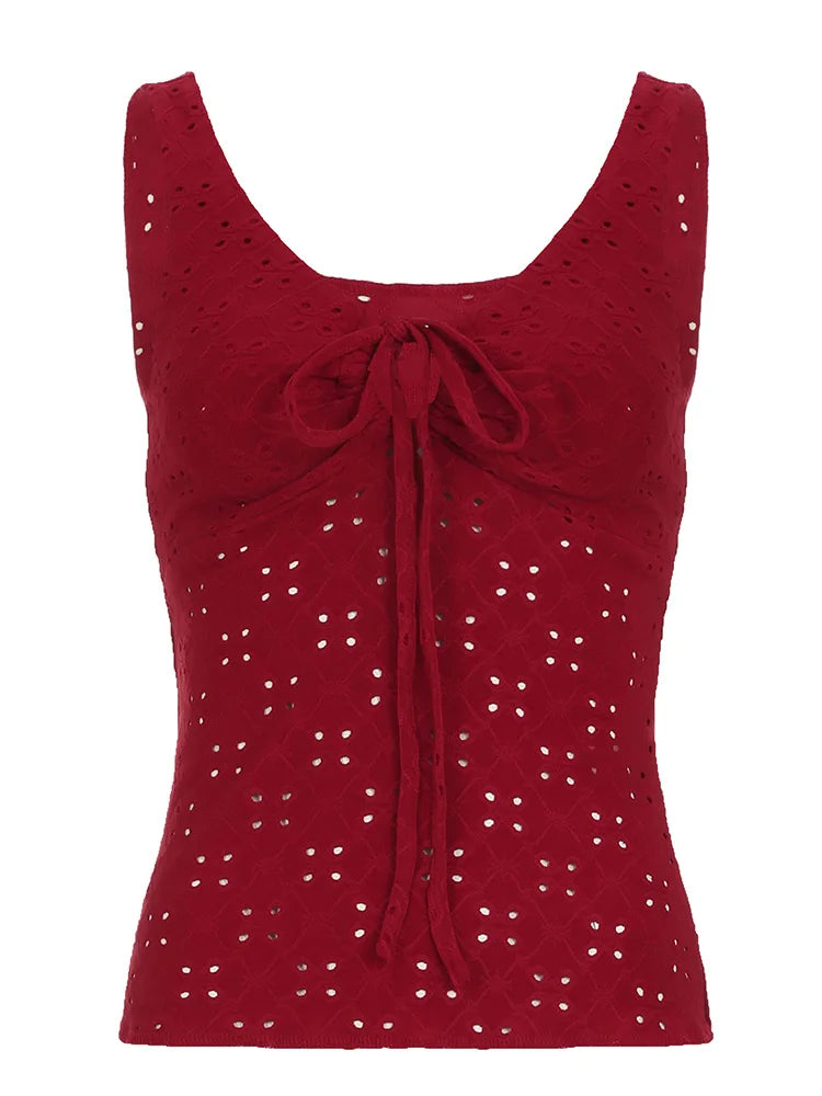 Lace-up Color Hole Top Slim Knitted Top
