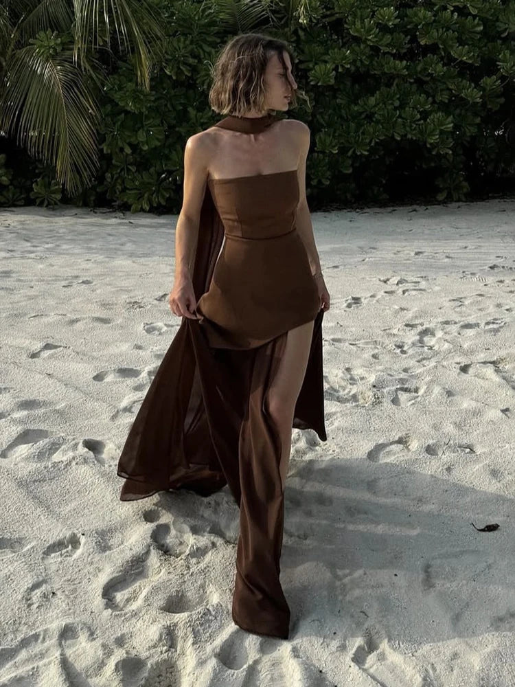 Mesh Strapless Ribbon Maxi Dress