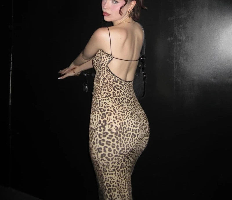 Leopard Slips Backless Bodycon Maxi Dress