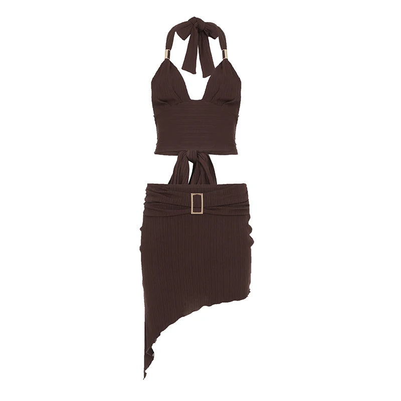 Backless Deep V-Neck Halter Top Low-Waisted Skirt Set