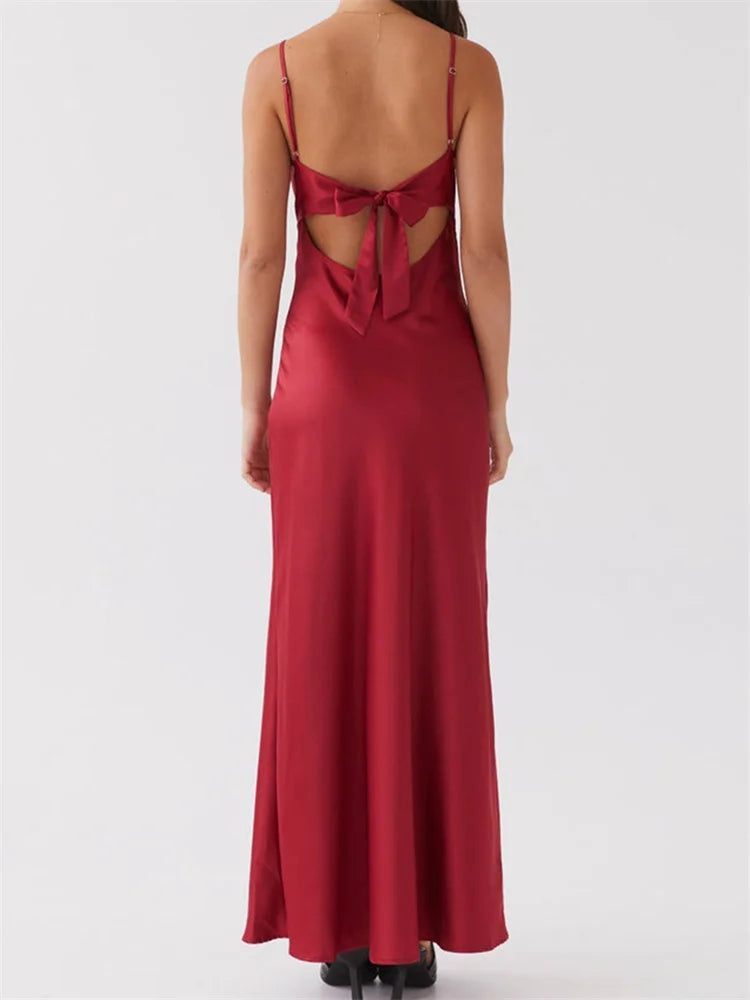 Dress Color Sleeveless Strap V-neck Front Tie-Up Backless Long Dress Slim