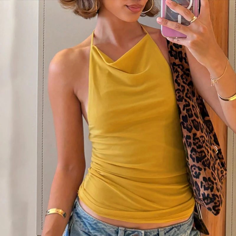 Backless Pleat Meh Hanging Neck Top