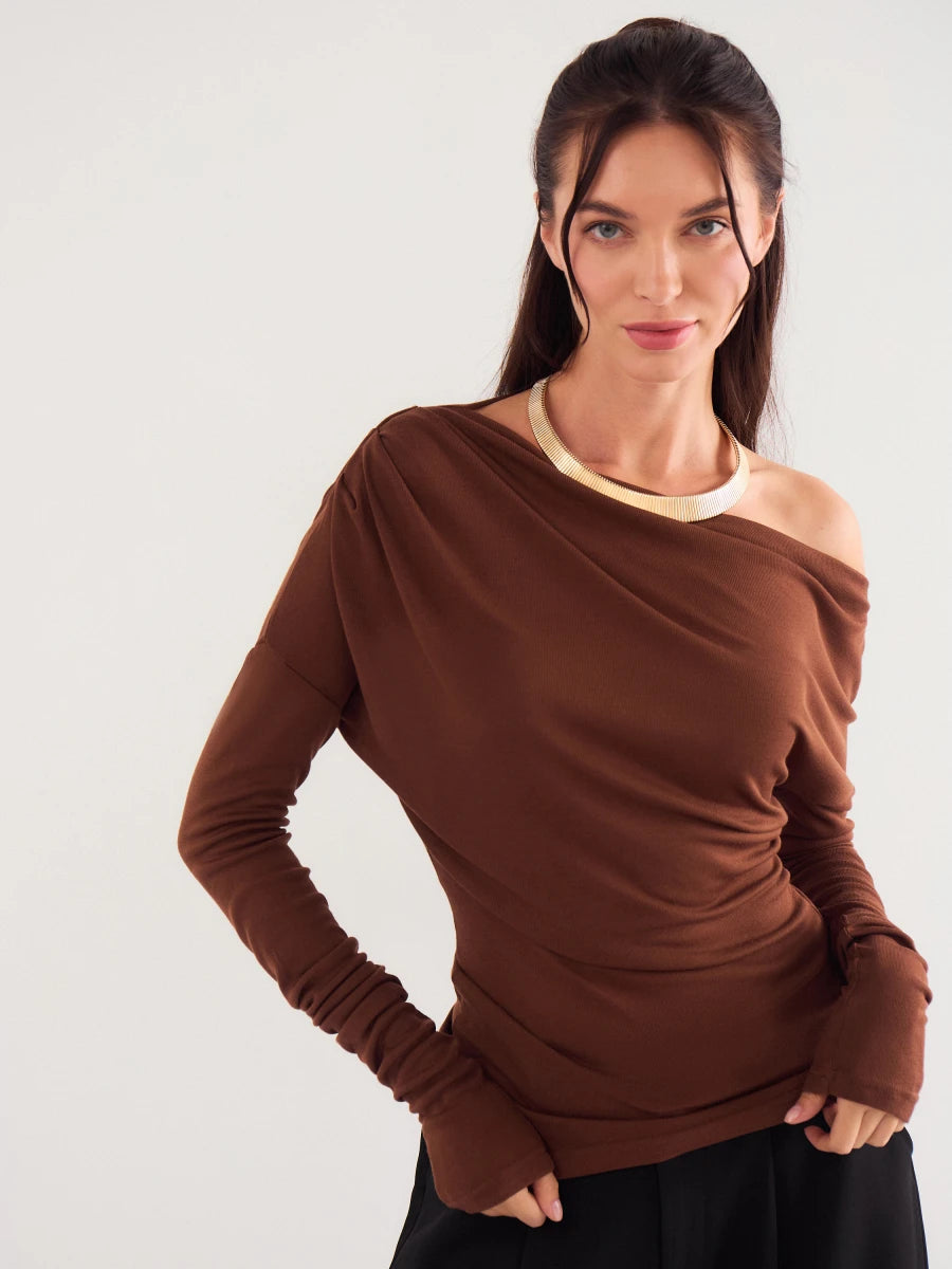 Slant Neck Off Shoulder Ruffle Wait Short Top T-Shirt Top