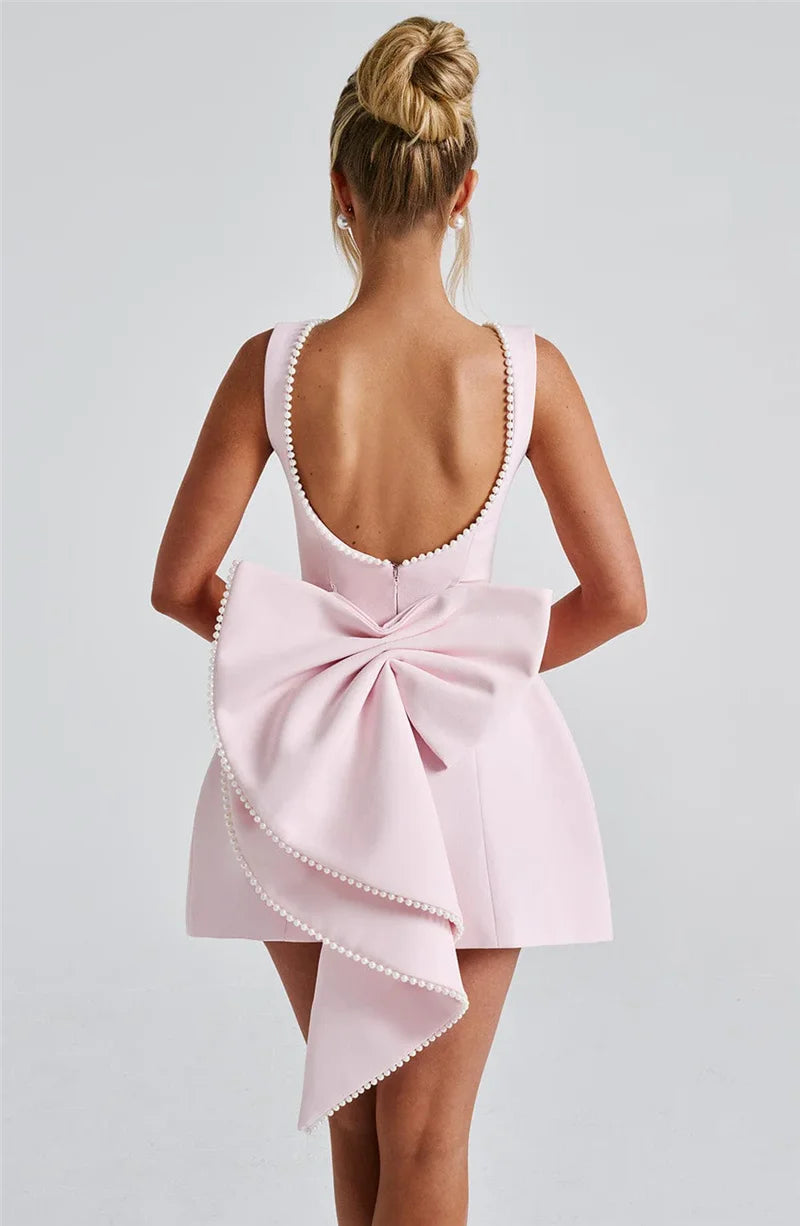 Pearl Bow Backless Mini Dress Zipper Sleeveless High Waist A-line Dress