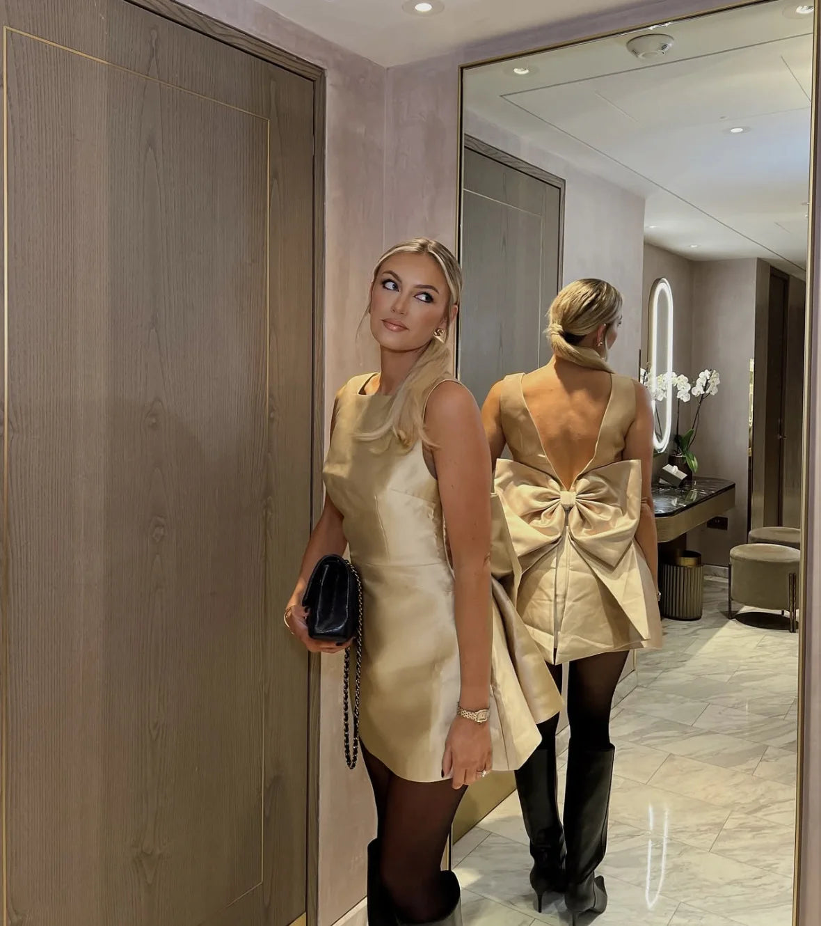 Satin Backless Bow Dress Gold Square Collar A-line Mini Dress Slim Dresses