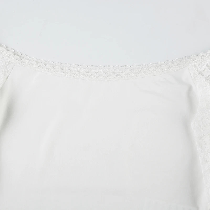 Lace Patckwork Tee Shirt Flare Sleeve Slah Neck Slim Cropp Top