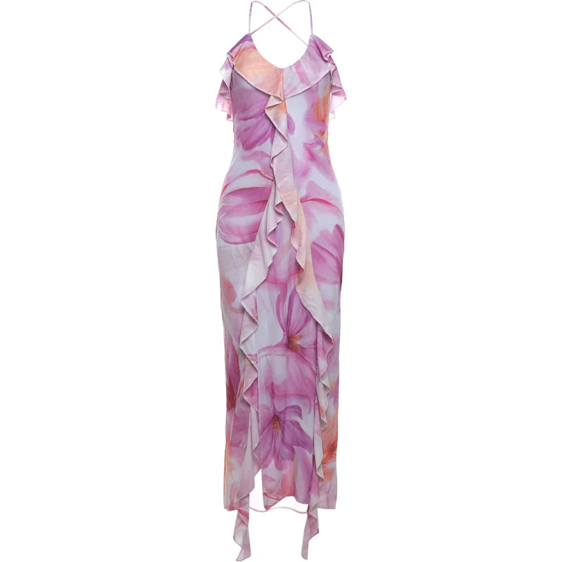 Flower Dress Strapless Splits Irregular Tassel Patchwork Backless